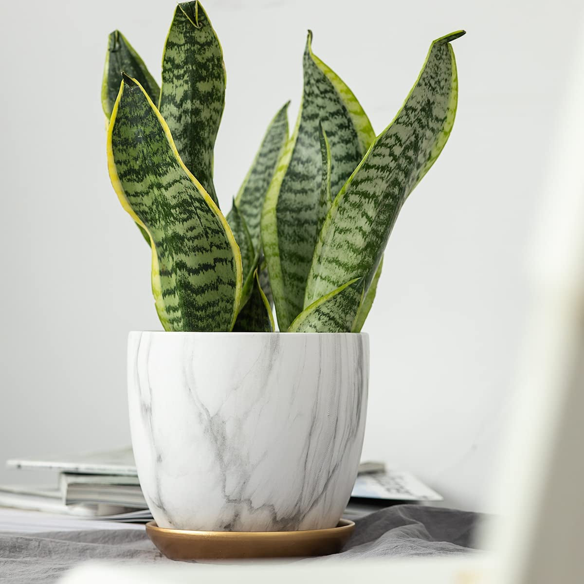 7 Inch Plant Pot with Drainage and Saucer, 5.5 Inch Ceramic Planters Indoor Plants, Marble Flower Pot Outdoor, Indoor Pots for Plants (7"+5.5" Plant Pot and Gold Saucers Included)